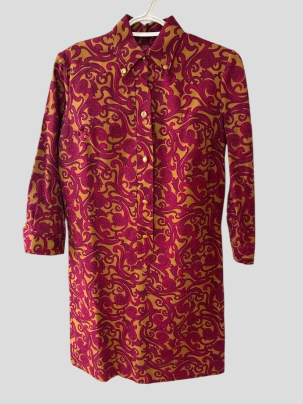 1960's Style Hand Made Maroon & Gold Abstract Swirl Shirt Dress - Picture 3 of 13